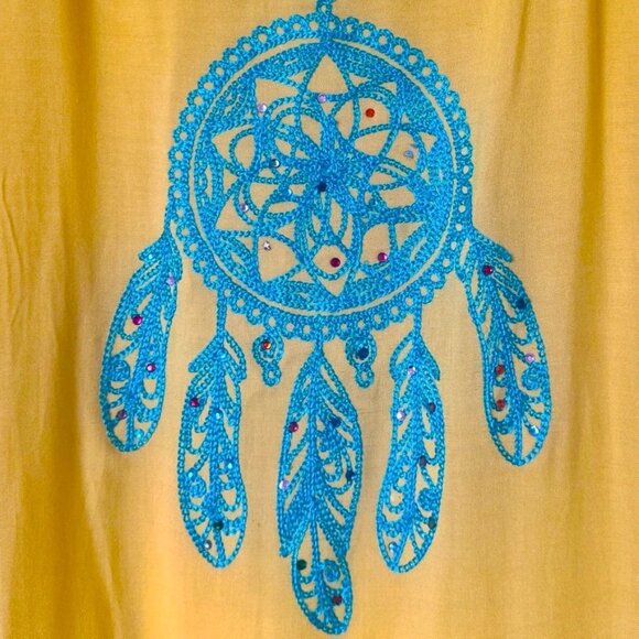 Hand Embroidered Yellow Tunisian Jebba Kaftan Dress With Blue Hamsa Size L/XL - Picture 3 of 6